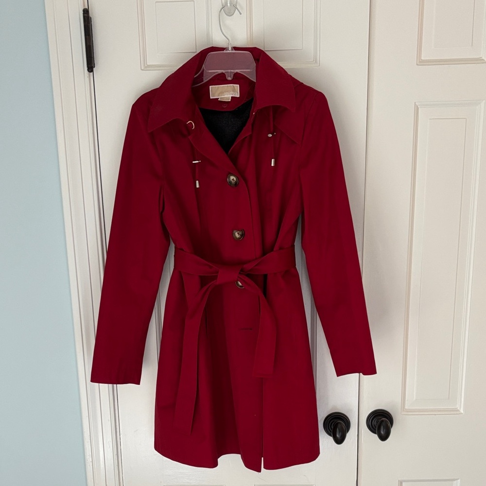 Michael Kors Red Hooded and Belted Rain Coat with Removable Warm Lining